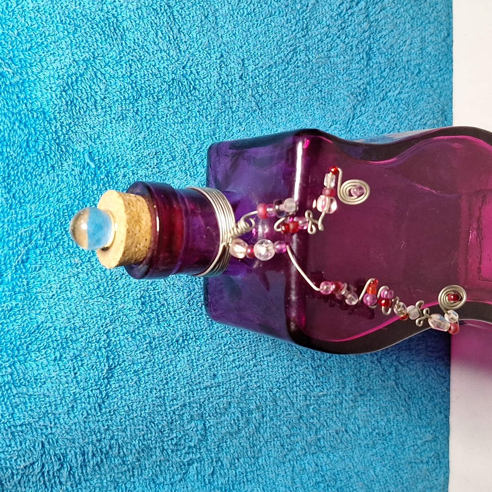 Pink Glass Decorative Bottle, Fushia, Bright Pink, Cute Decor With Beads - Picture 2 of 11